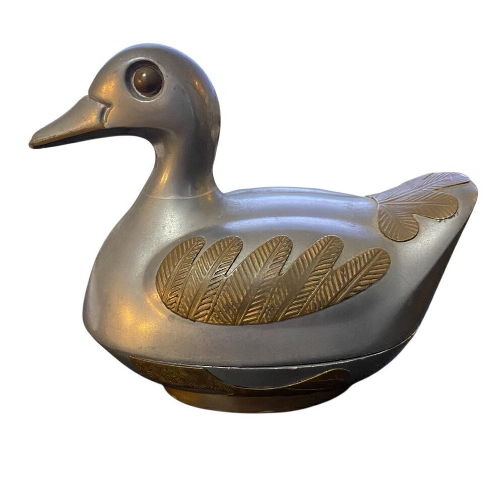 Vintage 1970's Pewter Duck Trinket Box with Brass Overlay Hong Kong 4" x 5" - Picture 2 of 9